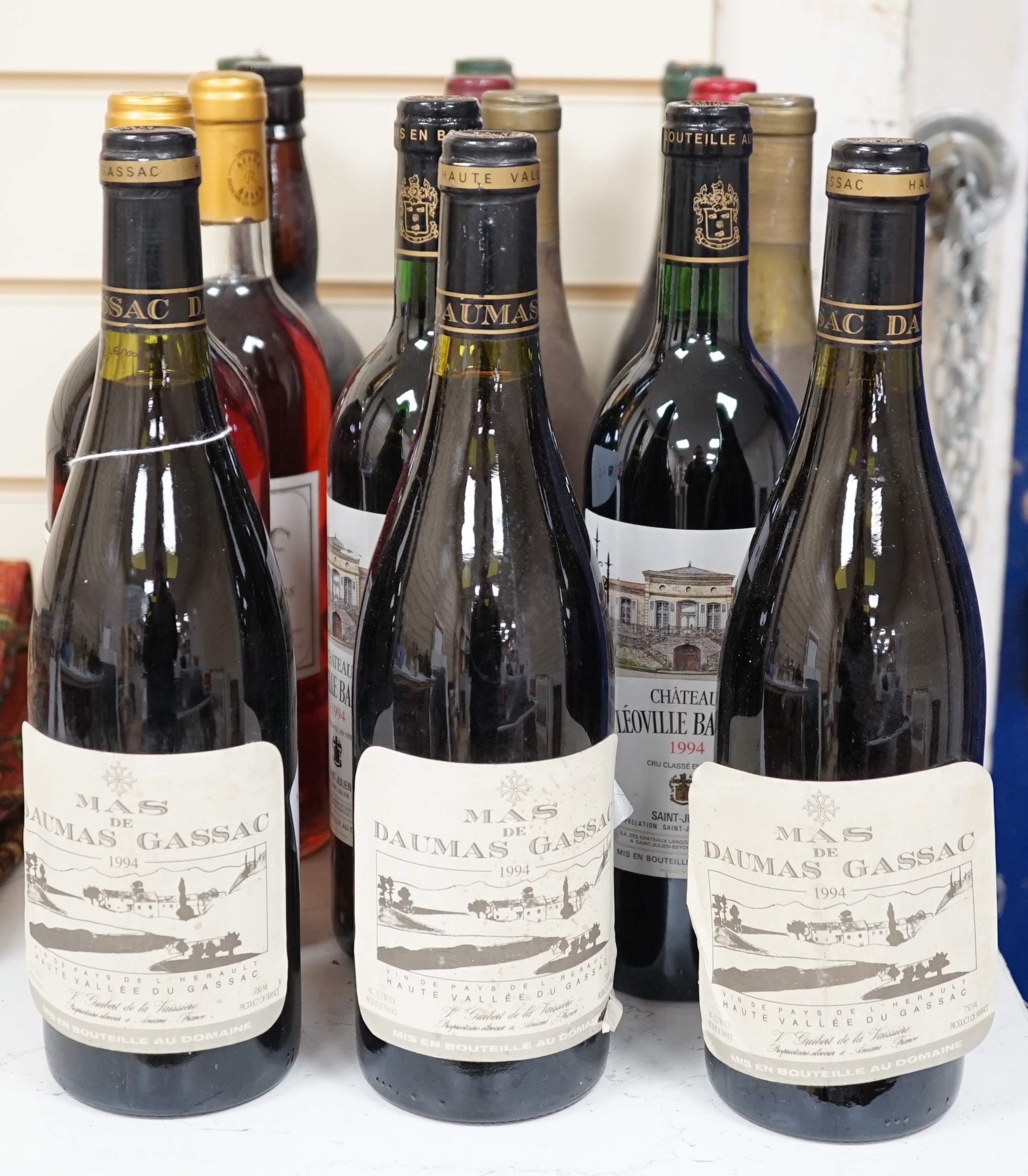 Fifteen bottles of mixed wines to include: two bottles of Chateau Leoville Barton 1994, two bottles of Rieussec Sauternes 1983 and three bottles of Mas de Dauman Gassac 1994